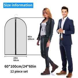 Garment Bags 12 PCS Plastic Clothes Covers Protector Bags Translucent Suit Cover Bags Carrier for Men Women with Zip Waterproof Dustproof Moth Proof Clothes Bags for Wardrobe Storage 24 x 40 inch