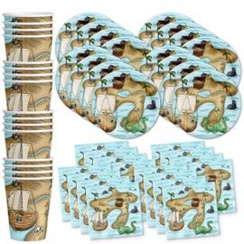 Set de suministros para fiesta de cumpleaños con mapa del tesoro pirata, servilletas, tazas y vajilla para 16