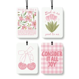 FISWAFY Preppy Pink Floral Cherry Christian Car Air Freshener 4 Pcs, Coquette Girly Religious Hanging Air Freshener for Cars Closet Drawer Books, Cute Christian Car Accessories Mirror Decor for Women