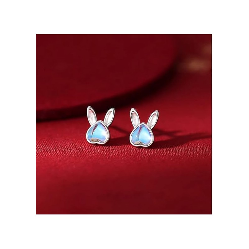 1Pair Silver Bunny Rabbit Stud Earrings for Women Cute Opal