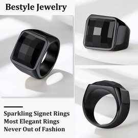 Bestyle Black Men Signet Ring-15mm*15mm Black Onyx Gemstone Ring Cubic Zirconia Ring for Men-Chunky Black Metal Plated Stainless Steel Ring Cool Band Finger Ring, Size 10