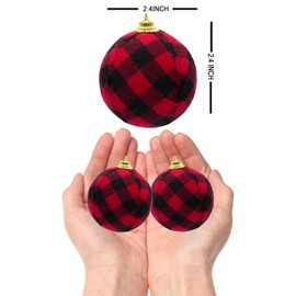 24pcs Christmas Ball Buffalo Plaid Fabric Christmas Balls 2.4"/60mm Hanging Ornaments Xmas Baubles Decorative Christmas Tree Hanging Ornaments for Party Holiday Decoration