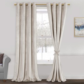 JIUZHEN Cream Velvet Curtains 108 inches for Living Room - Thermal Insualted Room Darkening Grommet Thick Velvet Window Drapes for Bedroom, Set of 2 with Tiebacks, 52W x 108L