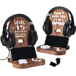 Slothoem 15th Birthday Gamer Stand - Unlocked Level 15 Wooden Headset Stand & Decoration for Teenage Boy