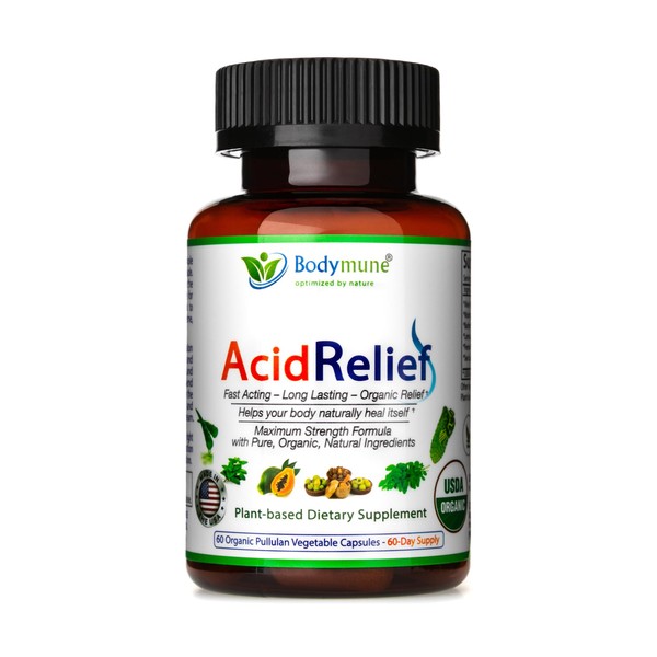 Bodymune AcidRelief All-Natural USDA Organic Acid Relief Supplement, Acid Indigestion Relief Supplement | 100% Vegan Non-GMO Gluten-Free USA Made - 60 Capsules