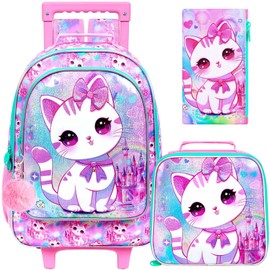 CCJPX 4PCS Rolling Backpack for Girls,Kids Cat Backpacks with Roller Wheels, Wheeled Bookbag with Lunch Box for Toddler Elementary School