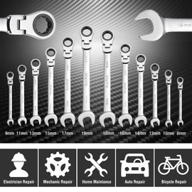 DURATECH Flex-Head Ratcheting Wrench Set, Combination Wrench Set, 72 Tooth, Metric, 12-piece, Size Covers 8-19mm, CR-V Steel, with Rolling Pouch