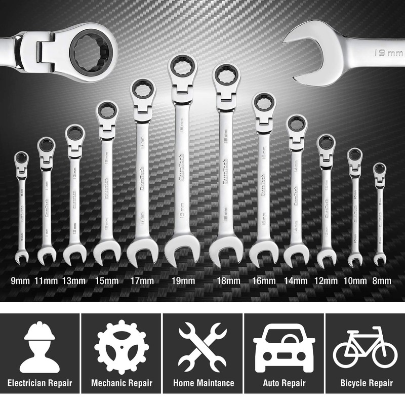DURATECH Flex-Head Ratcheting Wrench Set, Combination Wrench Set, 72 Tooth,