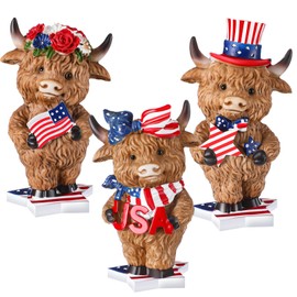 Foilswirl 3 Pcs 4th of July Decorations Patriotic Highland Cow Figurines Memorial Day Decorations Resin Highland Cow Decor Red Blue White Calf Resin Statue for Independence Day Gifts(4th of July)