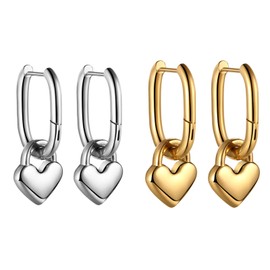 Flonge Heart Huggie Hoop Earrings: 2 Pairs Heart Pendant Drop Dangle Earrings Charm Square Paperclip Link Earrings Hypoallergenic Stainless Steel Earrings Jewellery Gift for Women