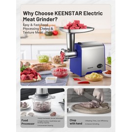 KEENSTAR Electric Meat Grinder, Sausage Stuffer Maker 450W Food Grinder with Blade & 3 Plates, Sausage Stuffer Tubes & Kubbe Kit, Stainless Steel Meat Mincer Machine for Home Kitchen Use (Blue)