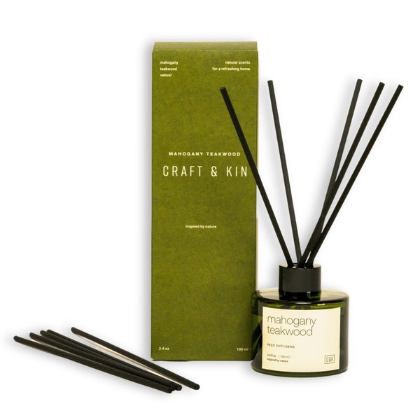Craft & Kin Reed Diffuser Set Mahogany Teakwood, Reed Diffusers for Home, Fragrance Diffuser Sticks, Oil Diffuser Sticks, Oil Diffuser with Sticks, Reed Diffuser for Men