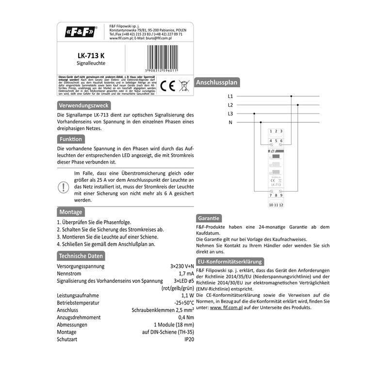 Phase Control 3 x 230 V + N Phase Lamp