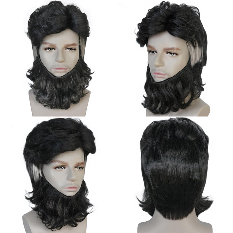 ESUNO Mens Short Black Wig with Beard Billionaire Wig Black