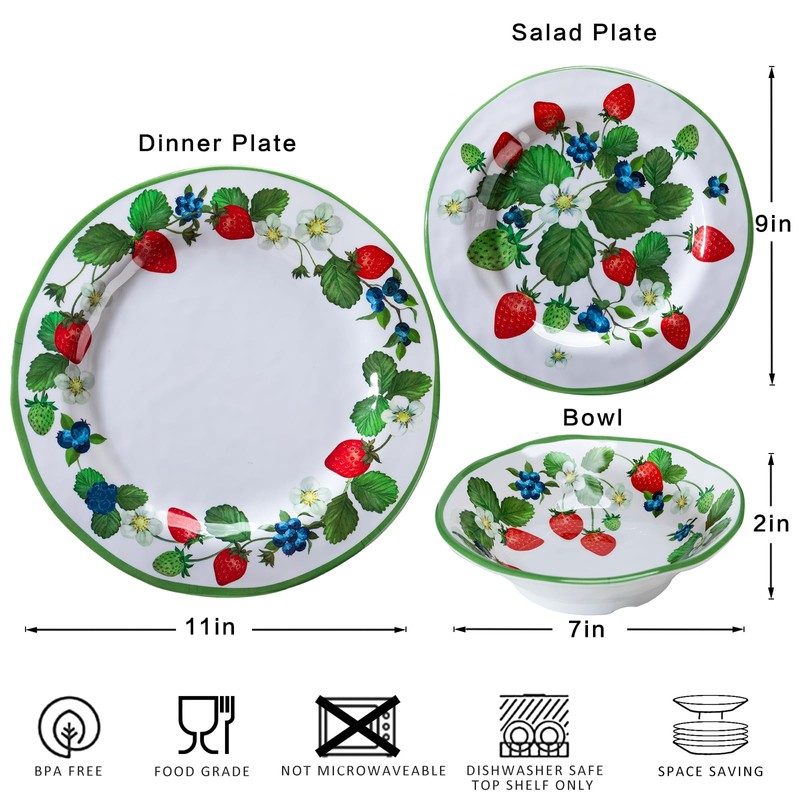 LEHAHA Strawberry Melamine Dinnerware Sets-12pcs Plates and Bowls Set, Lightweight/Unbreakable