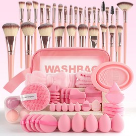 67 Piezas Set de Brochas de Maquillaje Profesional Completo, para Brochas de Maquillaje, Esponjas para Polvos, Cuencos para limpiar y bolsa de maquillaje para maquillaje de ojos y rostro, Regalar para Christmas, Valentine's Day (Rosa)