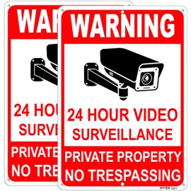 HYTEK 24 Hour Video Surveillance, Private Property, No Trespassing Metal Sign (2-Pack, 10x7 inches) CCTV Security Camera Warning Sign, Reflective .40 Rust Free Aluminum, UV Protected, Weather Resistant, Waterproof, Durable Ink，6 Pre Drilled Holes, Easy T