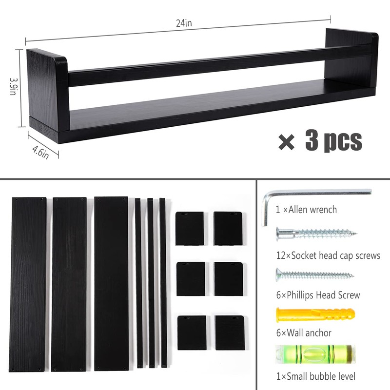 AZSKY Classic Nursery Book Shelves Black Wooden Floating Shelves Wall