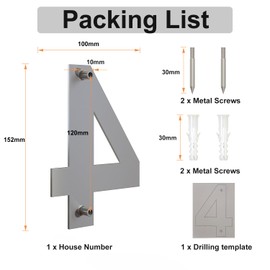 Brushed Modern House Number -6 Inch 152mm Height, Made of solid 304 Stainless Steel, Floating Appearance and Easy to install (Number 4 Four)