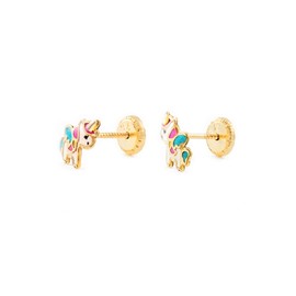 Women's & Children's Enamel Unicorn Stud Earrings - Yellow Gold 9 Carat (375) - Gift Box, enamel