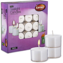 Lerner Tea Light Candles in Clear Holder Cups Bulk 50 Set. Long Burning 8hr, Unscented, for Mood, Dinners, Parities, Home, Decoration, Wedding, Crafts