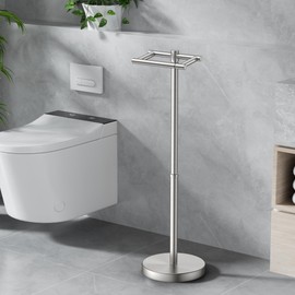 Toilet Paper Holder Stand Adjustable, Freestanding Tissue Roll Holder for Bathroom, Pivoting Design, Durable SUS 304 Stainless Steel and Weighted Base Toilet Paper Stand, Storage, Brushed Nickel