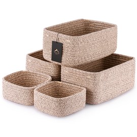 VIRETH HAUS 5-Pack Small Woven Rope Storage Baskets – 2 Sizes Organizer Bins for Closet, Shelf, Bookshelf, Nursery, Changing Table, Fabric Cube Boxes, Rectangular Shallow Bins for Bathroom, Toy & Home