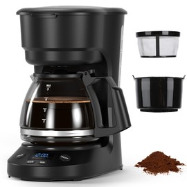 Electactic 5-Cup Drip Coffee Maker, a compact coffee machine with a digital clock and 24-hour programmable timer, featuring Auto Shut-Off, and a Removable Filter Basket for Home & Office-Deep Black