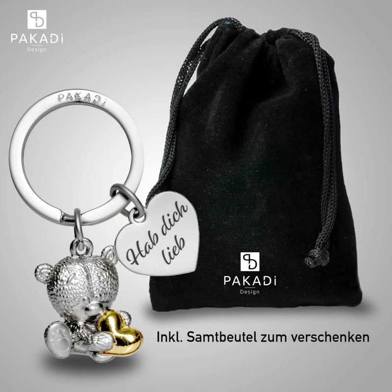 PAKADI Felix Bear Keyring, Silver matt / gold shiny, Keyring