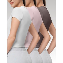 SPRUCE INT Crop Top for Women - 3 Pack Basic Summer Modal Baby Tee Trendy Wrinkle Free Fitted Short Sleeve Tshirt for Workout (White Pink Brown-XL)