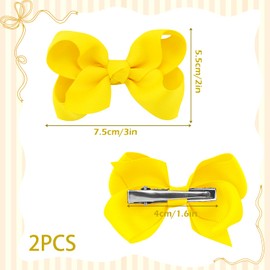 2Pcs Ribbon Hair Bow Clips Barrettes, 3 inch Ponytail Holder Bow Hair Bow with Duckbill Clip for Children Kids Girls Women(Bright yellow)