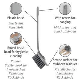 WENKO Simo Washing Up Brush for Rinsing Made of Plastic with Round Brush Head and Integrated Scratching Surface for Removing Stubborn Residues, with Cut-Out for Hanging, Diameter 6 x 21 cm, Grey