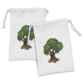Ambesonne Forest Fabric Pouch Set of 2, Cozy Tree Hut Heart Lover Teenage Romance Valentine's Day Childhood Cartoon, Small Drawstring Bag for Toiletries Masks and Favors, 9" x 6", Green and Chocolate