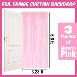 3 Pack 3.28x6.6 Ft Macaron Pink Foil Fringe Curtains Backdrop, Metallic Tinsel Streamers Curtains Backdrop for Photo Booth, Birthday, Graduation, Mother's Day, Disco, Celebration Party Decoration