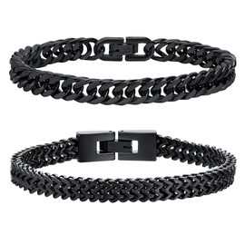 Men's Bracelet Stainless Steel Bracelets Curb Chain – 2 Pieces Silver Black Gold Men's Bracelets for Men Boys Cuban Bracelet 8 mm Width 19 cm / 21 cm Length Gifts for Dad Son Brother Husband,