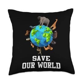 Save Our World Earth Day Animals Lovers Save Our World Animals Around Funny Earth Day Throw Pillow, 18x18, Multicolor