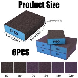 Pack of 6 Sanding Sponges, 60/80/100/120/180/220 Grit Sandpaper Sanding Block, Washable, Reusable, 6 Different Sanding Sponge, for Sanding, Wood, Polishing, Metal, Hand Sanding Blocks