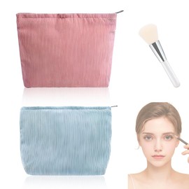 QOWUXHZ 2 Pieces Cosmetic Bag Small Corduroy Cosmetic Bag for Women Make Up Organiser Tote Purse Girls Pencil Case with Zip Make Up Travel Pink Blue