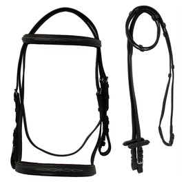 Equitem Leather English Fancy Stitched Padded Bridle with Matching Web Reins (Black, Horse)