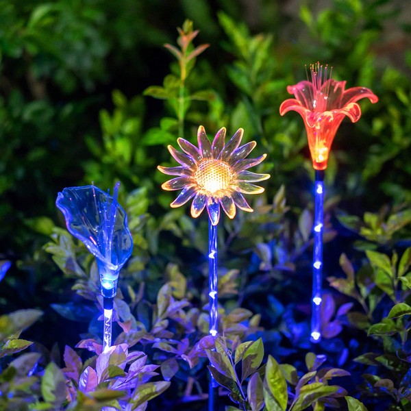 Solar Garden Stake Lights - Set of 3 Decorative Multi-Color Changing LED Flower Staked Solar Clear Fiber Lily, Fiber Calla Lily, Daisy for Outdoor Lawn Pathway Yard Holiday Party Christmas House Decor