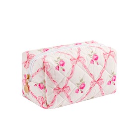 WHHJM Cute Floral Makeup Bag Small Cotton Quilted Cosmetic Bag, Aesthetic Essential Bag Toiletry Period Bag for Women Travel Accessories (Pink Bowknot Rose)