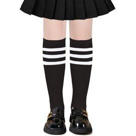 UTTPLL School Socks for Girls Knee High Stripe Seamless Cotton Uniform Sock Kids Boy Soccer Baseball Over the Calf Socks Toddler Long Boot Stockings Black White 9-12 Years