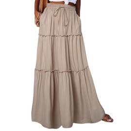 Happy Sailed Womens Maxi Skirt Retro Boho Style Vacation Outfits High Waist Elastic Waist A Line Long Flowy Skirts with Pockets Apricot Medium