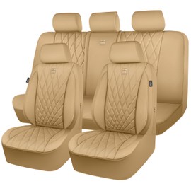 CAR PASS Piping Luxury Leather Seat Covers Full Set,5 Seats Leatherette Anti-Slip Waterproof Seat Covers Compatible with Front Armrests,Universal Fit for Suvs,Vans,Trucks,Airbag Compatible,Pure Beige