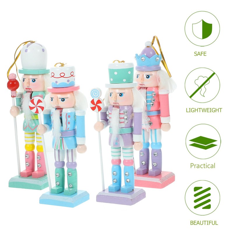 Toyvian Christmas Candy Nutcracker Ornaments, 4pcs Pink Candy Cane Wooden