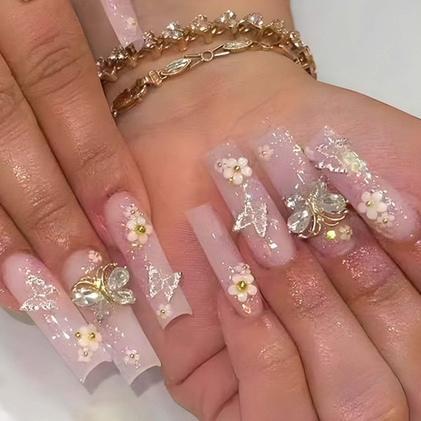 Gifiky 3D Long Square False Nails Nude Daisy Press on