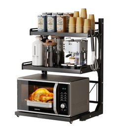 ABCOOL Retractable Microwave Oven Rack Pull Out Snap-in for Kitchen Baker Storage Organizers Holder, 2 Axial Expandable and Height Adjustable Carbon Steel Shelf Counter Countertop with 3 Clip Hooks