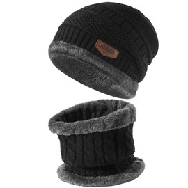 2-Pieces Winter Beanie Hat Scarf Set Warm Knit Hat Thick Fleece Lined Skull Cap for Men Women (Black)