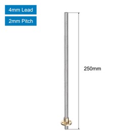 sourcing map 2 Pcs 250mm / 10 Inch Tr8x4 Stainless Steel Lead Screw with T8 Brass Nut - [ Acme Thread, 2mm Pitch, 8mm Lead ] for 3D Printer Z Axis, CNC Machine