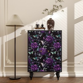 Black Foral Wallpaper Peel and Stick Dark Purple Rose Contact Paper 17.4" x 393", Waterproof Self-Adhesive Flower Butterfly Wall Paper for Bedroom Countertop Desk Cabinets Decor Renter Friendly